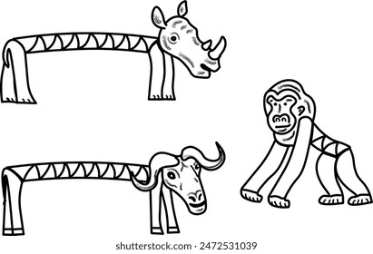 Cartoon vector illustration black and white 3-piece set of African animals rhinoceros, buffalo, gorilla style on transparent background. Funny safari Animals