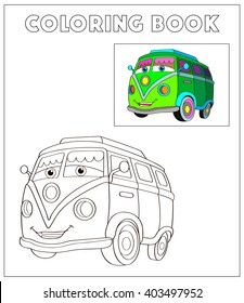 Ilustración vectorial de caricaturas de coches negros y blancos, página de coloreo para la educación infantil. Colores del libro sobre el tema del deporte al aire libre. Gracioso autobús hippie aislado de fondo blanco. Ilustración vectorial.