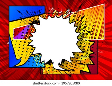 Cartoon Vector Illustration blank speech bubble template design for poster, card, sale banner. Pop art comic book background halftone dots. Retro abstract 90-s style magazine cover.