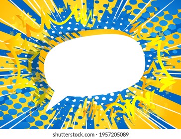 Cartoon Vector Illustration blank speech bubble template design for poster, card, sale banner. Pop art comic book background halftone dots. Retro abstract 90-s style magazine cover.