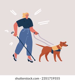 Cartoon vector illustration of Blind girl walking with a guide dog.