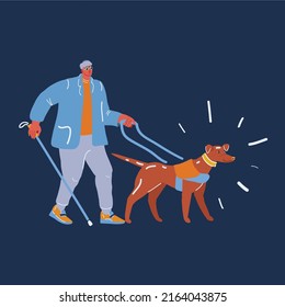 Cartoon vector illustration of blind man walking and guiding by his dog over dark background.