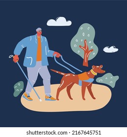 Cartoon vector illustration of blind person holding a walking stick and a dog over dark backround