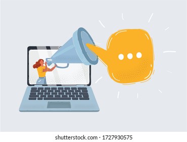 Cartoon vector illustration of blogger screaming loudly in a big megaphone on screen of laptop. Isolated object on white background.