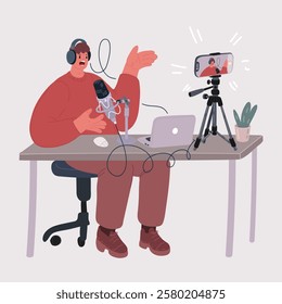 Cartoon vector illustration of Blogger shoots video on the desk workspot. Podcaster, streamer, broadcast.