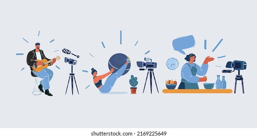 Cartoon vector illustration of Bloggers. People of cooking, musican, sport blogs