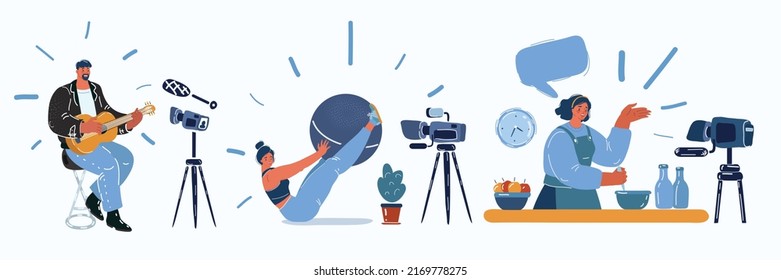 Cartoon vector illustration of Bloggers. People of cooking, musican, sport blogs