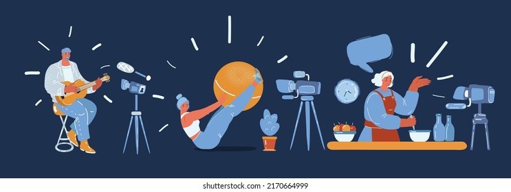 Cartoon vector illustration of Bloggers. People of cooking, musican, sport blogs over dark backround