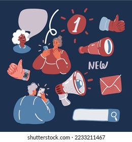 Dibujo vectorial de ilustraciones del juego de blogs. Colección de escenas con hombres y mujeres, altavoz, sobre, vidrio espía, pulgares hacia arriba, caras de los usuarios, burbuja de discursos sobre el fondo oscuro