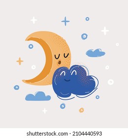 Cartoon vector illustration of blue clouds with yellow crescent moon