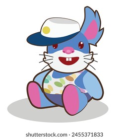 Cartoon vector or illustration. Blue mascot cartoon wearing hat and swimsuit. Sitting position on a white background with shadows.