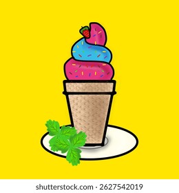 Cartoon vector illustration of blue pink ice cream flavour strawberry and bubble gum of blueberry. Plus meises topping chocolate and yellow background. Ice cream on the white plate, that’s so yummy
