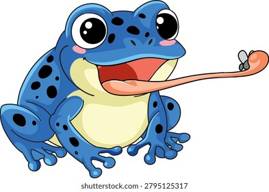 Cartoon vector illustration of a blue spotted frog catching a fly on white background