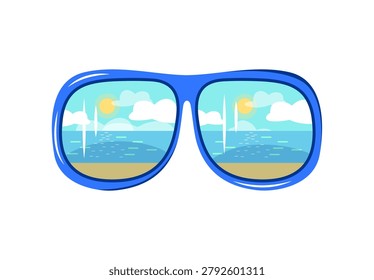Cartoon vector illustration of blue sunglasses reflecting a sunny beach and ocean landscape in the lenses. Summer vacation concept isolated on a white background.