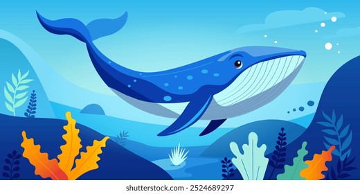 Cartoon Vector illustration of  blue whale swimming underwater in  vibrant ocean landscape with sea plants and bubbles. Marine life, wildlife conservation, and ocean themes.