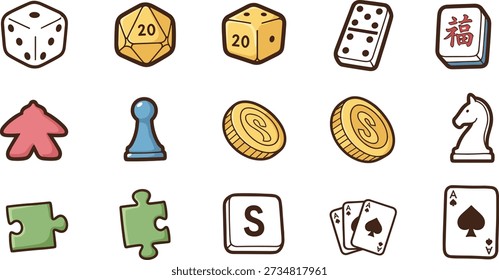 Cartoon vector illustration of board game icons including dice, domino, Mahjong tile, chess piece, cards, meeple, pawn, and puzzle for gaming projects
