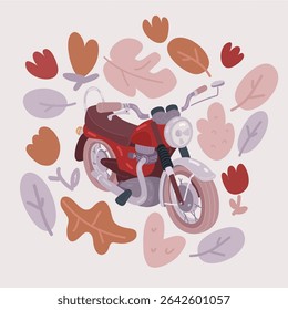 Cartoon vector illustration of Bobber Motorbike Standing. Vintage Style Motorcycle Under Warm Lamp Light in a Garage.