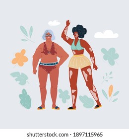 Cartoon vector illustration of Body positive anti ageism, curvy elderly woman and vitiligo girl on white background.