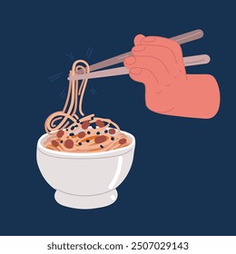 Cartoon vector illustration of Boiled instant noodles. Hand takes noodles with chopsticks for food. Fast food. Hand hold chopstics over dark background