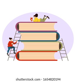 Cartoon vector illustration of Book festival. Students reading, learning and sitting on big books. Study in library. Literature fans or lovers, student, education concept, fair. Cute woman 