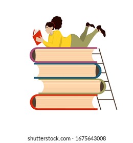Cartoon vector illustration of Book festival. Student reading, learning and sitting on big books. Study in library. Literature fans or lovers, student, education concept, fair. Cute woman