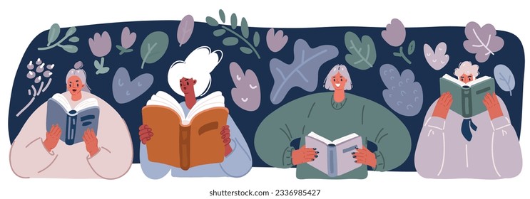 Cartoon vector illustration of Bookcrossing concept. Happy people exchanging, borrowing and recommending paper books. Group of man and woman reading. Readers swap literature over dark
