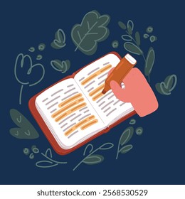 Cartoon vector illustration of bookmark in book. Hand hold marker for highlighter over dark 
