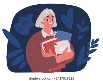 Ilustración vectorial de dibujos animados de libros intercambiados, intercambiados o cruzados. Fiesta de lectura, evento de literatura escolar. La mano de una chica da un libro a una amiga. Leer libros que aman sobre el fondo oscuro