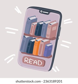 Cartoon vector illustration of Bookstore application on smartphone screen. Man client purchase book online, read magazine. Audiobook. Book shelves