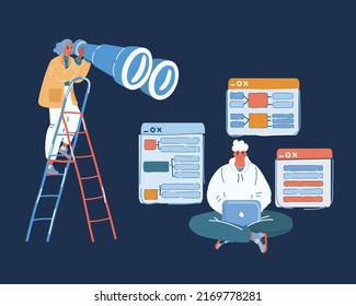 Cartoon vector illustration of boss spy her employee or colleague over dark backround