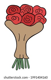 Cartoon vector illustration of a bouquet of roses. Colored and black outlines.