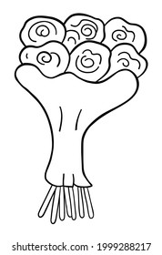 Cartoon vector illustration of a bouquet of roses. Black outlined and white colored.