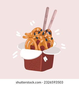 Cartoon vector illustration of Bowl noodles and chopsticks inside. Asian food. Chinese, Korean, Japanese cuisine.