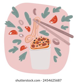 Cartoon vector illustration of Bowl noodles and chopsticks sketch. Asian food. Chinese, Korean, Japanese cuisine.