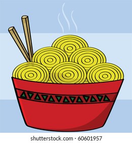 Cartoon vector illustration of a bowl of noodles with two chopsticks