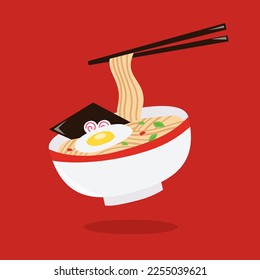 A cartoon vector illustration of a bowl of ramen floating in the air against a red background.