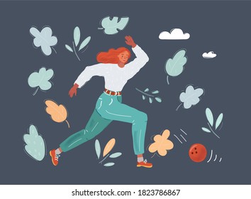 Cartoon vector illustration of bowling girls on dark background