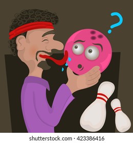 Cartoon vector illustration of a bowling man licking his favorite ball.