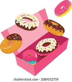 A cartoon vector illustration of a box of colorful donuts.