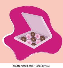 Cartoon vector illustration of a box of donuts. Chocolate and strawberry donuts on a rose background. Bright drawing for banners, advertising and packaging