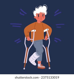 Cartoon vector illustration of The boy with a broken leg with crutches over dark backround