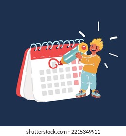 Dibujo vectorial de dibujos animados de boy y Calendar, marca la fecha, establece la marca sobre el fondo oscuro