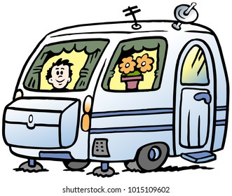 Cartoon Vector illustration of a boy in the caravan ready for the holidays