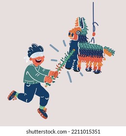 Cartoon vector illustration of boy celebrating Posada by breaking a traditional donkey shaped Pinata.