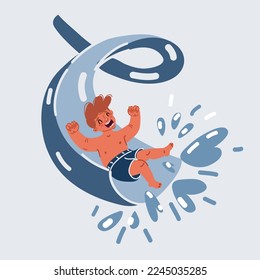 Cartoon vector illustration of boy child play water by slider down to the swimming pool, kid in summer concept.