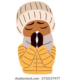Ilustração vetorial de desenhos animados de um menino vestido com roupas quentes de inverno soprando seu nariz, isolado no fundo branco. Clip-art para educação em saúde, conscientização sobre resfriado e gripe