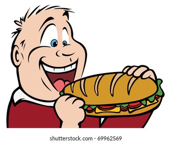 cartoon vector illustration of a boy eating a sandwich