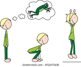 남자아이가 운동하는 만화 벡터 삽화 - 개구리 점프