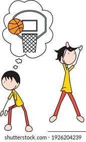 Cartoon vector illustration of a boy exercising - pretend basketball shoots