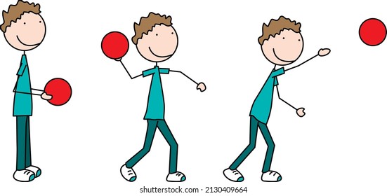 Cartoon vector illustration of a boy exercising - throwing a ball